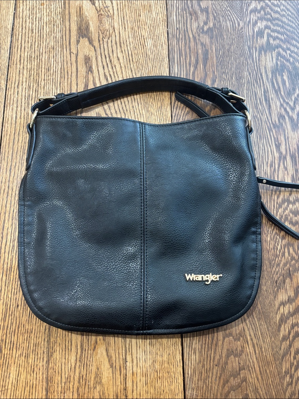Wrangler Black Leather Pebbled Shoulder Bag with Gold Logo